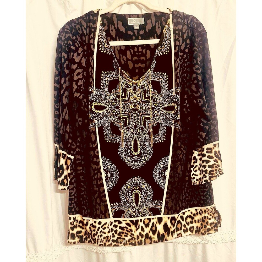 JM Collection Y2K Panther Print Mob Wife Gold Chain Accent Pull on Blouse P/XL